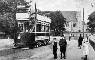 Tram on Nottingham Road to High Oakham, with St. Mark's Church in the background | Old Mansfield Society