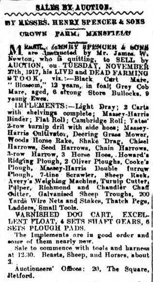 Newspaper advert for Crown Farm auction dated 22 November 1917 | Private collection