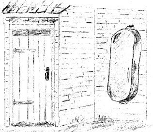 Sketch of outside lavatory door, and tin bath on the wall | P Marples, drawn for my book 'Forest Town the Village that Grew Out of Coal'